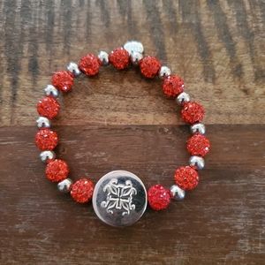 Rustic Cuff Brandi Red & Silver Beaded Engraved Stretch Bracelet